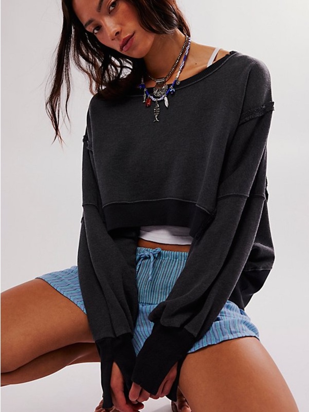 Free People Camden Cropped Sweatshirt in Washed Black
